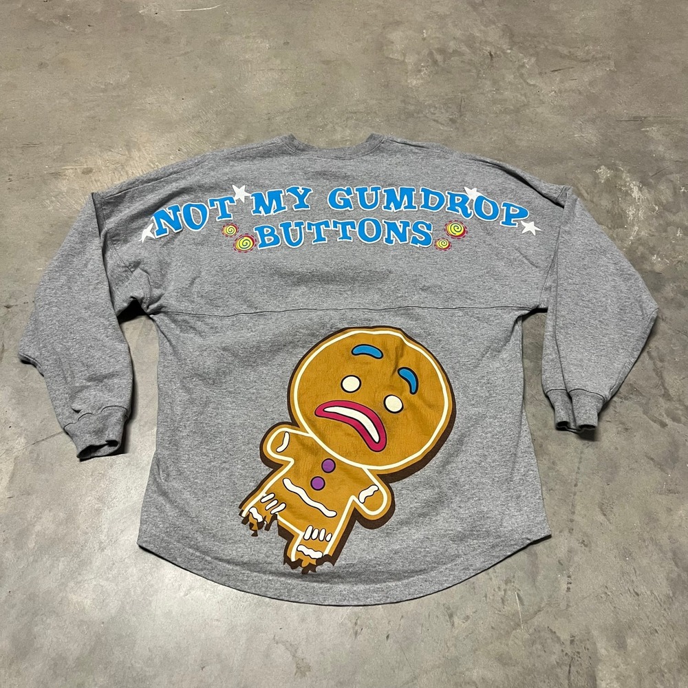 Shrek Universal Studios Spirit Jersey Gingy Not My Gumdrop Buttons Grey XS